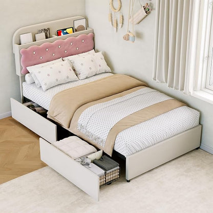 Garvee Twin Bed Frame with Cookie Sandwich Headboard, Beige Pink Bed for Girls, Storage with Cubbies Headboard & 2 Drawers, No Box Spring, Easy Assembly