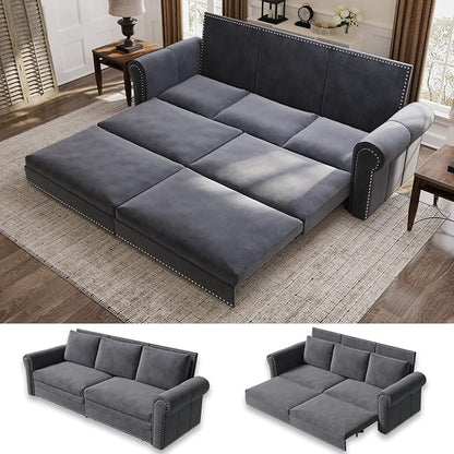 93.7" King Size Sleeper Sofa Bed, Pull Out Sofa Bed, Velvet Upholstery, 3 in 1 Convertible Sleeper Couch, Chaise Lounge, Retro Recliner for Living Room, Office, Apartment, Grey