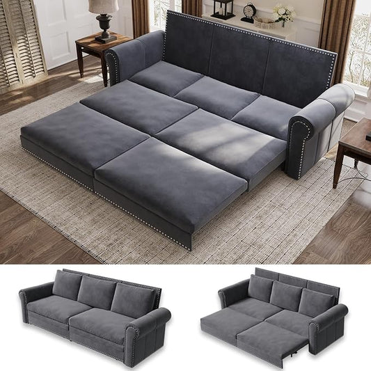 93.7" King Size Sleeper Sofa Bed, Pull Out Sofa Bed, Velvet Upholstery, 3 in 1 Convertible Sleeper Couch, Chaise Lounge, Retro Recliner for Living Room, Office, Apartment, Grey