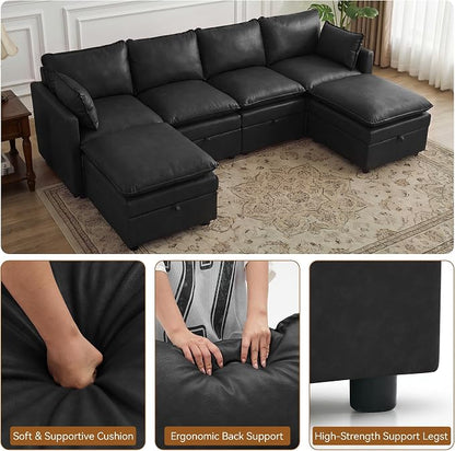 105" Black Faux Leather Storage 4 Seater Sofa with 2 Ottomans, Comfy Couch | Convertible Modular Sectional Sofa, U Shaped Oversized Couch, Upholstered Large Cloud Couch For Living Room, Apartment.