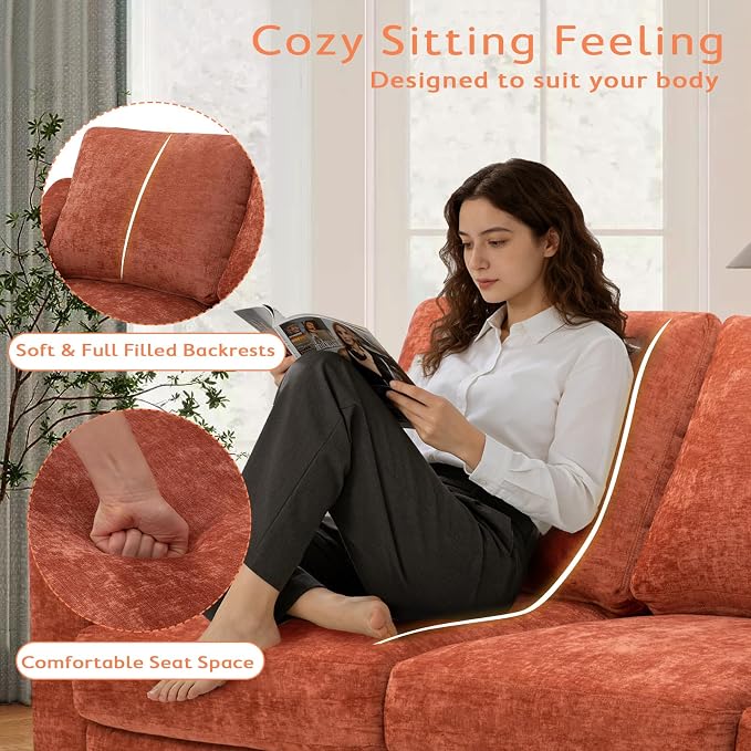 83” Chenille 3 Seats Sofa w/Comfortable Back Cushions, Orange | Modern Couch w/Deep Seat Space, Upholstered 6 Seater Sofa w/High Resiliency Foam for Living Room