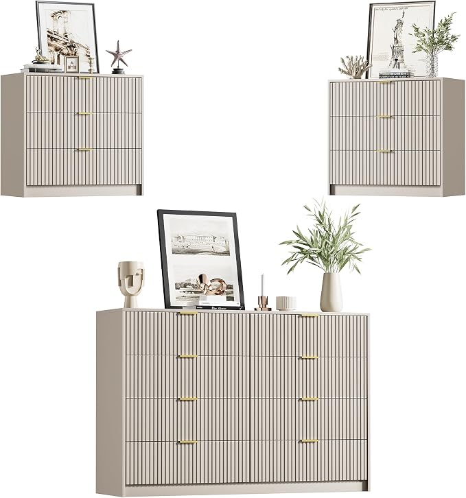 Furniway Beige Dresser Bedroom Set 3 Pieces, Nightstands Sets of 2, 8 Drawer Dresser with Gold Handles for Bedroom