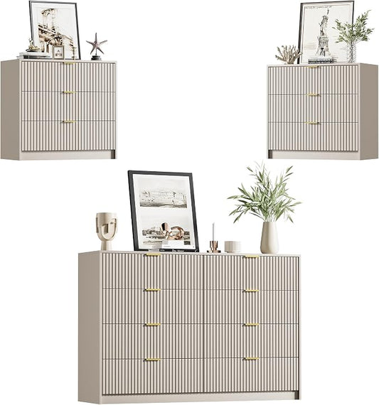 Furniway Beige Dresser Bedroom Set 3 Pieces, Nightstands Sets of 2, 8 Drawer Dresser with Gold Handles for Bedroom