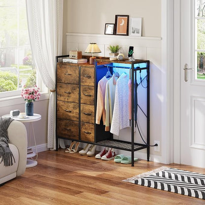 HIGDBFE Dresser with Hanging Rack, 8-Drawer Dresser for Bedroom with Charging Station & LED Lights, Fabric Dressers with Shoe Rack, Rustic Brown, 11.8" D x 42" W x 42.7" H (8 Drawers)