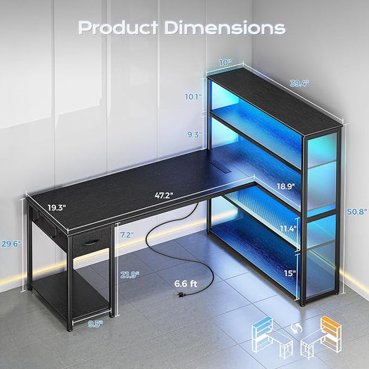 PRAISUN 57 Inch L Shaped Gaming Computer Desk with Larger Open Cabinet, Reverisble Office Desk with Power Outlets, LED Lights, Work Desk, Fabric Drawer, Adjustable Wood and Mesh Shelf, Black