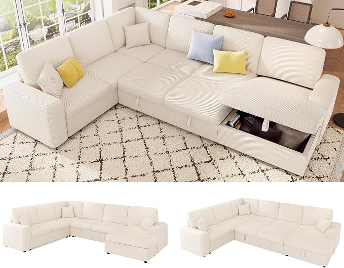 VanAcc 130" Sofa Bed, Sectional Sleeper Sofa with Pull Out Bed, Sleeper Couch with Storage, 6 Seater Couch for Living Room, Corduroy Off-White