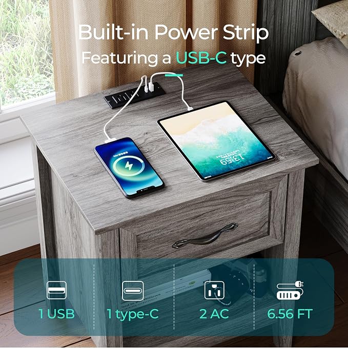 LINSY Night Stand 18.9" Farmhouse Wood Night Stand with Type-C Charging Station Open Storage Shelf Nightstands with Drawer Side Table End Table for Bedroom Living Room Sofa Couch Office Grey