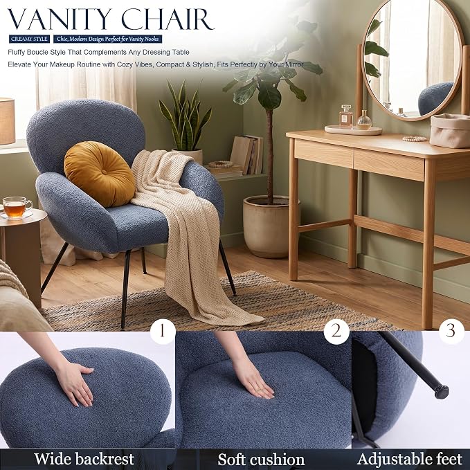 Accent Chair, Accent Chair for Bedroom, Boucle Chair (Blue) | Comfy Bedroom Chair with Love Back and Sturdy And Durable Solid-Wood Frame/ Study Room / Bedroom / Living Room /(Cream Style)