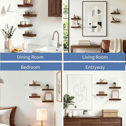 Floating Shelves for Wall, Wall Mounted Rustic Wood Shelves for Bathroom, Bedroom, Living Room & Kitchen, Hanging Shelf for Storage, Books & Room Decor, Walnut-Like, Set of 4, 12"x7"x1.5"