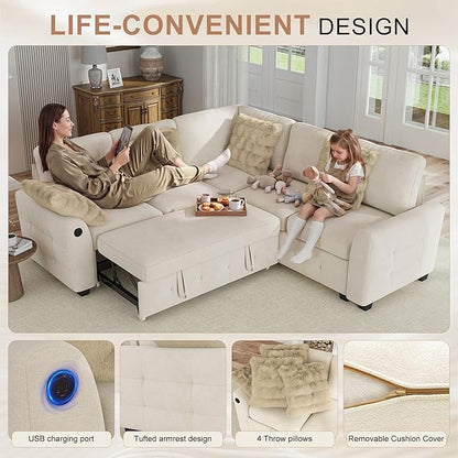 Hanherry Sectional Couch with Pull Out Sofa Bed,Chenille Sleeper Sofa with 2 Seat Storage & USB Charging,Comfy L Shaped Modular Couches for Living Room,Apartment
