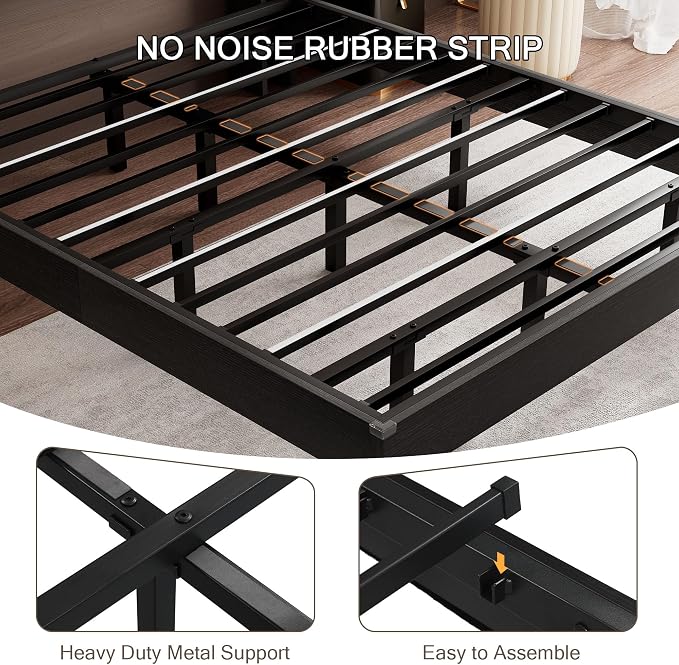 Einhomn King Size Bed Frame with LED Lights & Charging Station – Wood Floating Bed Frame with Storage Headboard, Adhesive Slats, Kick-Free & Noise-Free Design, Easy Assembly, Black