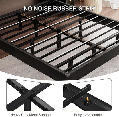 Einhomn King Size Bed Frame with LED Lights & Charging Station – Wood Floating Bed Frame with Storage Headboard, Adhesive Slats, Kick-Free & Noise-Free Design, Easy Assembly, Black