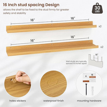 Axeman Picture Ledge Shelf | 36 Inch Oak Floating Shelves Set of 4 | Rustic Wood Wall Shelves with Lip | 36" Oak Picture Shelves for Wall with Ledge | Photo Shelves