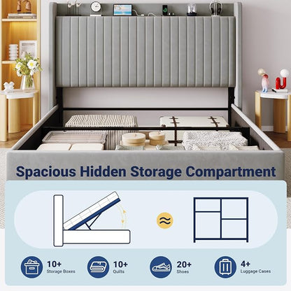 Allewie King Size Lift Up Storage Bed Frame,Storage Shelf Headboard with Charging Station,Type-C and USB Ports,Hydraulic Support,Velvet Upholstered Bed Frame,No Box Spring Needed,Grey