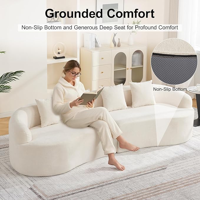 110.2" Curved Boneless Couch, Oversized Cloud Sofa with 4 Pillows, Modern 4 Seater Modular Sectional Sofa, Boneless Sectional Couches for Living Room, Curved Foam Couch, Beige