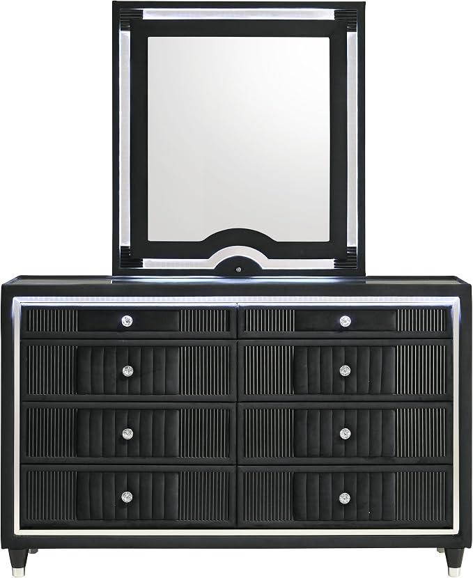 Coaster Home Furnishings - Ravenne - Wood - 8-Drawer Dresser with LED Mirror, Velvet Upholstery, and Glass Top - Bedroom - Black - 223193M