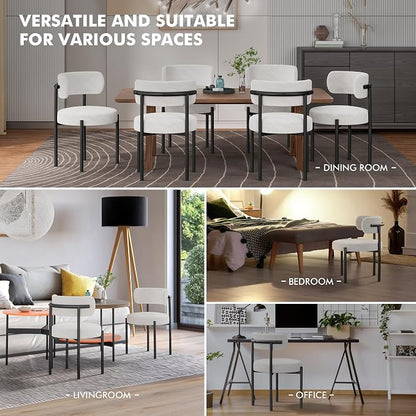 PatioPerk Boucle Dining Chairs Set of 2, White Mid Century Morden Chair with Curved Backrest, Round Upholstered Sherpa with Metal Legs, Suitable for Various Kitchen Styles