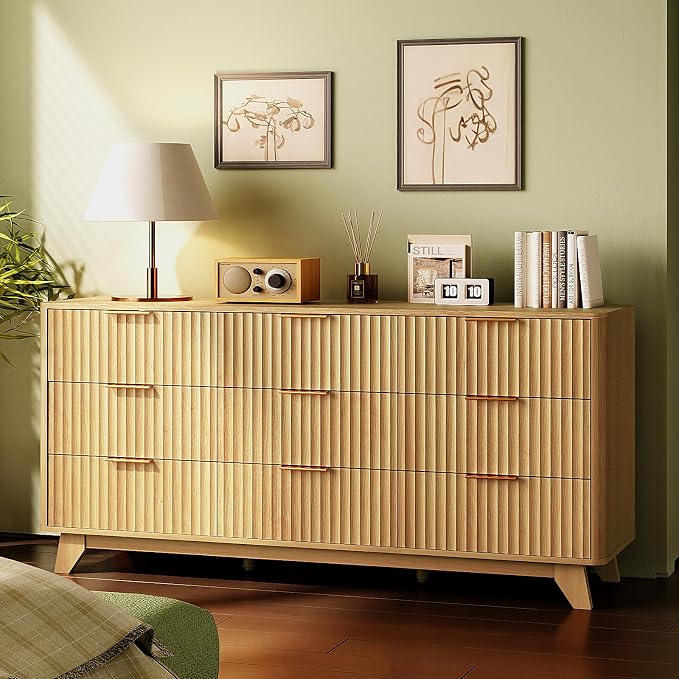 VINGLI Fluted 9 Drawer Dresser for Bedroom, Wood Dresser with Rounded Edges, 57" Long Dressers Oak, Natural Wood Color, 57" W*15.75" D*29.92" H