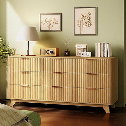 VINGLI Fluted 9 Drawer Dresser for Bedroom, Wood Dresser with Rounded Edges, 57" Long Dressers Oak, Natural Wood Color, 57" W*15.75" D*29.92" H
