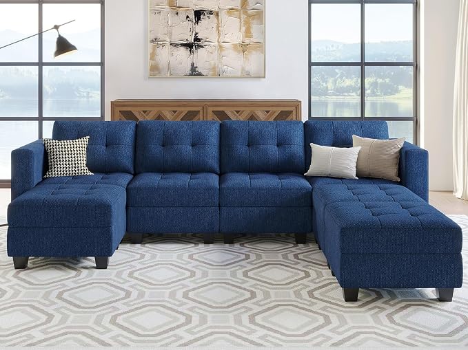 Belffin Modular Storage U-Shape Sectional Sofa Couch with Reversible Chaises 7-seat Sofa with Storage Seat Modular Sectional Sofa Set with Ottomans Modern Fabric Blue