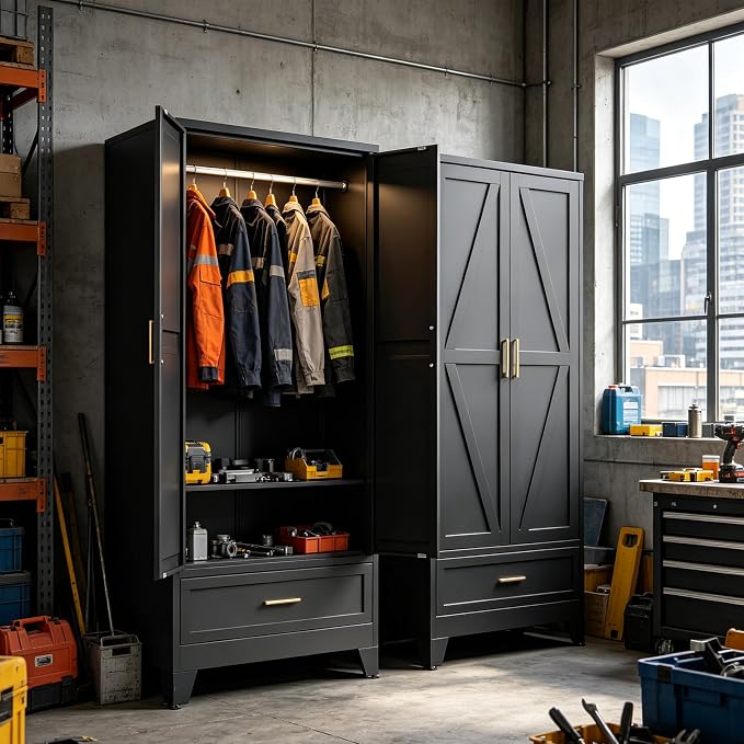 71" H Metal Armoire Wardrobe Closet with Drawers, Black Wardrobe Closet with Doors and Shelves,Tall Wardrobe Closet for Bedroom