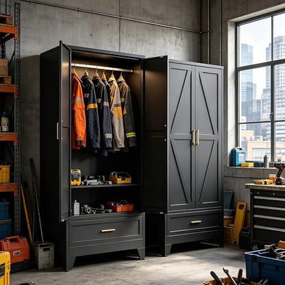 71" H Metal Armoire Wardrobe Closet with Drawers, Black Wardrobe Closet with Doors and Shelves,Tall Wardrobe Closet for Bedroom