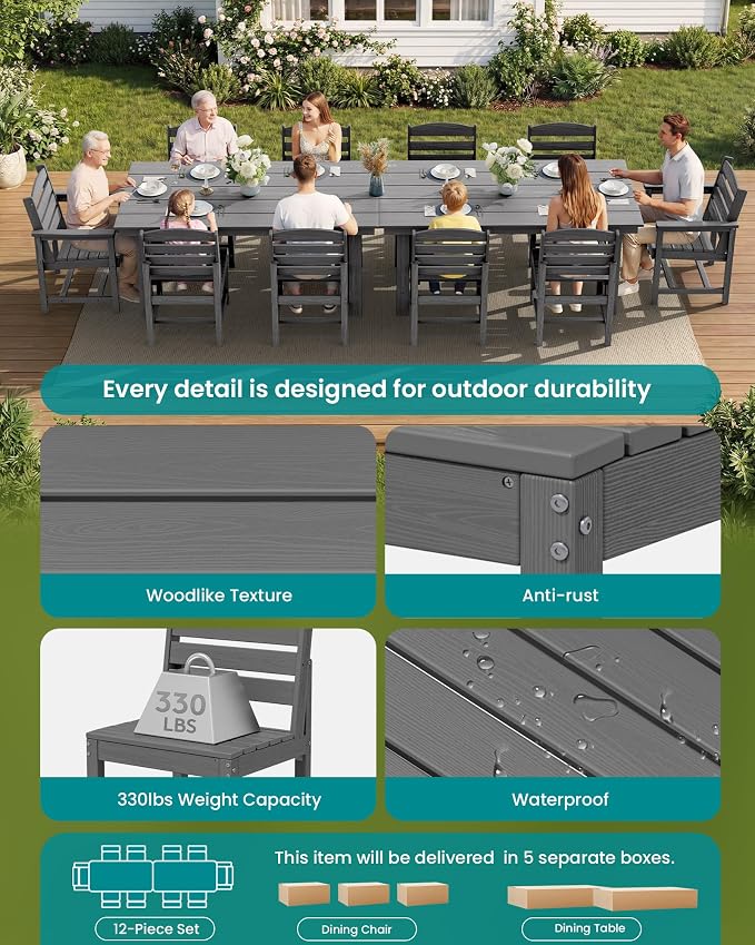 SERWALL Outdoor Dining Sets for 10 Person, HDPE Dining Set with 2 Tables, 8 Armless Chairs and 2 Armed Dining Chairs, Gray