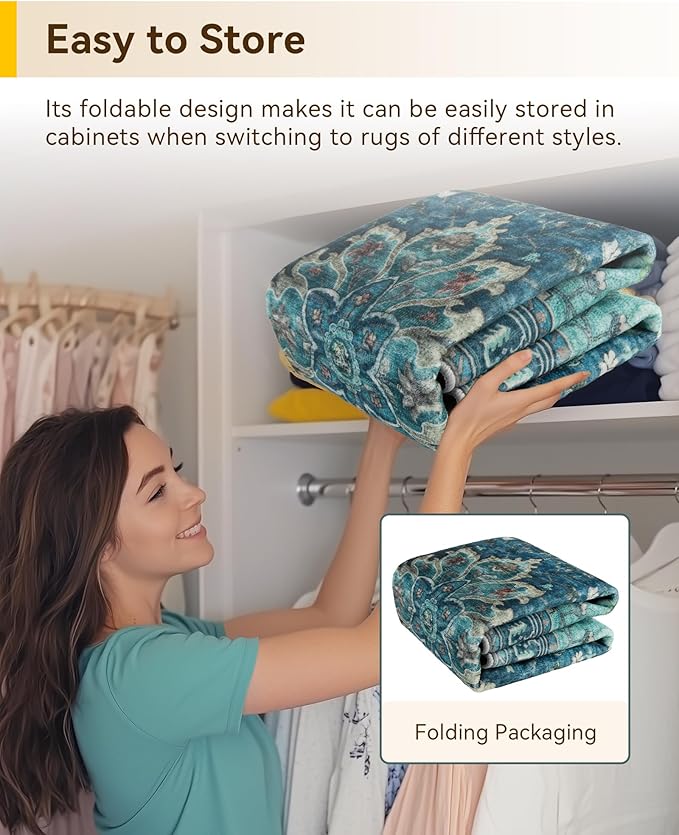 RELEANY Area Rugs Round 10ft Washable Non-Slip, Floral Vintage Distress Medallion Carpet for Living Room Bedroom Dining Room, Teal Green Lake Blue Turquoise