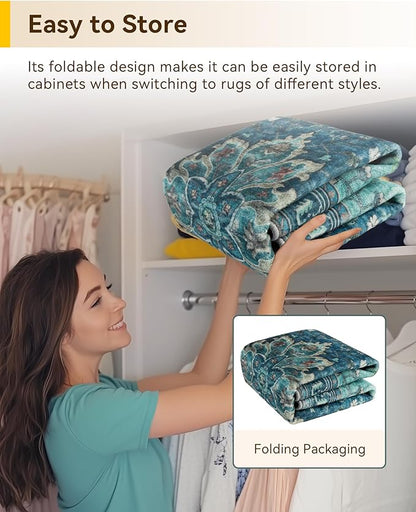 RELEANY Area Rugs Round 10ft Washable Non-Slip, Floral Vintage Distress Medallion Carpet for Living Room Bedroom Dining Room, Teal Green Lake Blue Turquoise