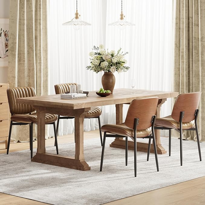 MALOL Leather Dining Chairs Set of 4, Modern Upholstered Dining Room Kitchen Chairs with Metal Legs and Wooden Back Support for Home Dining Room/Restaurant, Light Brown