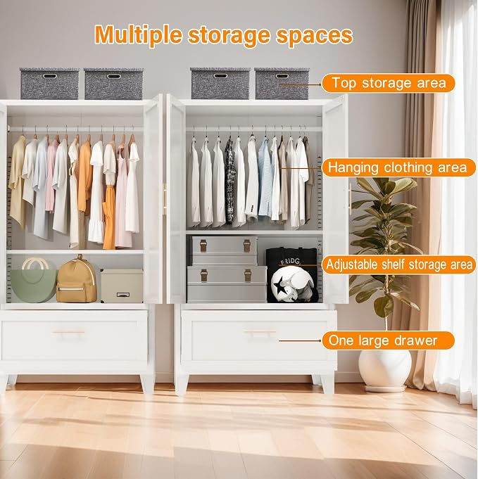 60" Tall Metal Wardrobe Cabinet with 1 Drawer and Hanging Rod, 2 Doors Wardrobe Closet with Shelf for Bedroom, Office, Laundry Room,Entryway,Foyer,Guesthouse White