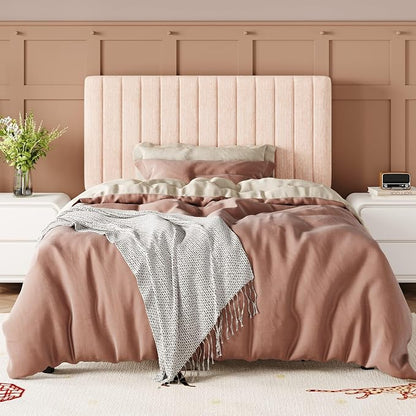 Allewie Twin Bed Frame, Upholstered Platform Bed with Adjustable Vertical Channel Tufted Headboard, Mattress Foundation with Strong Wooden Slats, Box Spring Optional, Easy Assembly, Chenille Pink