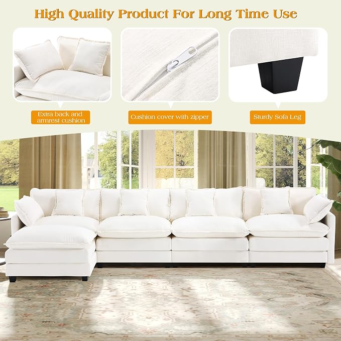 149.2" Modular Sectional Sofa,L Shaped Couch for Living Room,Modern Deep Seat Sofa 4 Seater Chenille Fabric Comfy Cloud Couches with Throw Pillows & Movable Ottoman