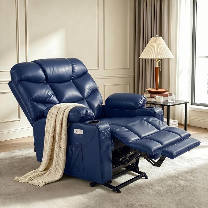 MCombo Oversized Power Lift Recliner Chair with Extended Footrest, Extra Wide for Big and Tall Elderly People, Faux Leather R7289 (Navy Blue, Medium-Wide)
