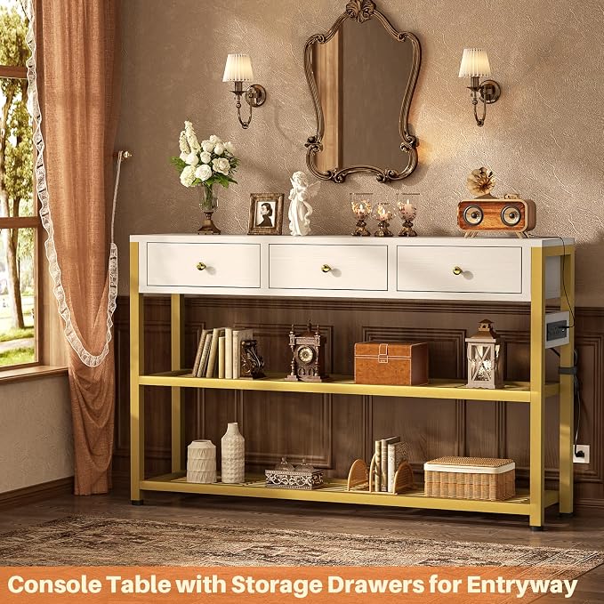 Ecoprsio 47'' Entryway Table with Outlets and USB Ports, Console Table with 3 Drawers, Sofa Table Narrow Long with Storage Shelves for Living Room, Couch, Hallway, Foyer, White and Golden