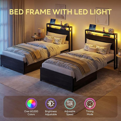 LIKIMIO Twin Bed Frame, DIY Storage Drawer Layout, Headboard with 2-Tier Shelves & Charging Station & LED Light, Suitable for Teen Rooms, Small Apartments & Bedrooms, Black