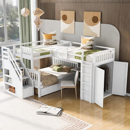 L-Shaped Bunk Bed for 4 Kids, Twin-Twin Over Full with 3 Drawers, Portable Desk and Wardrobe, Solid Wood Bedframe with Stairs and Full-Length Guardrails, No Box Spring Needed (White)