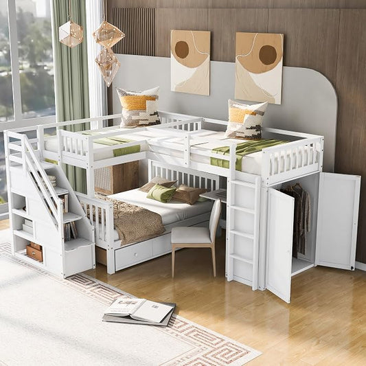 L-Shaped Bunk Bed for 4 Kids, Twin-Twin Over Full with 3 Drawers, Portable Desk and Wardrobe, Solid Wood Bedframe with Stairs and Full-Length Guardrails, No Box Spring Needed (White)