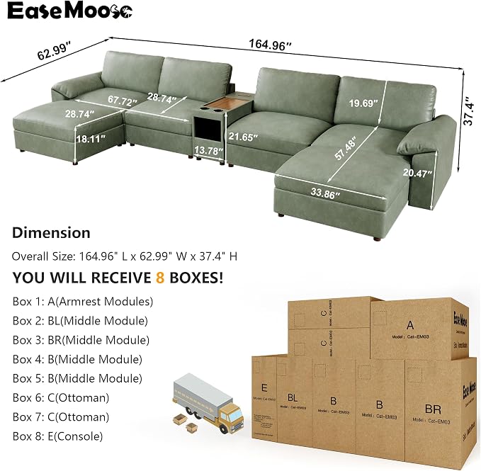 EASE MOOSE Leather Sectional Couch with Console,Oversized Modular Sectional Sofas,Wide Deep Seat Modular Couch,Scratch Resistant Faux Leather Material,U Shaped Sofa for Big Spaces,Green