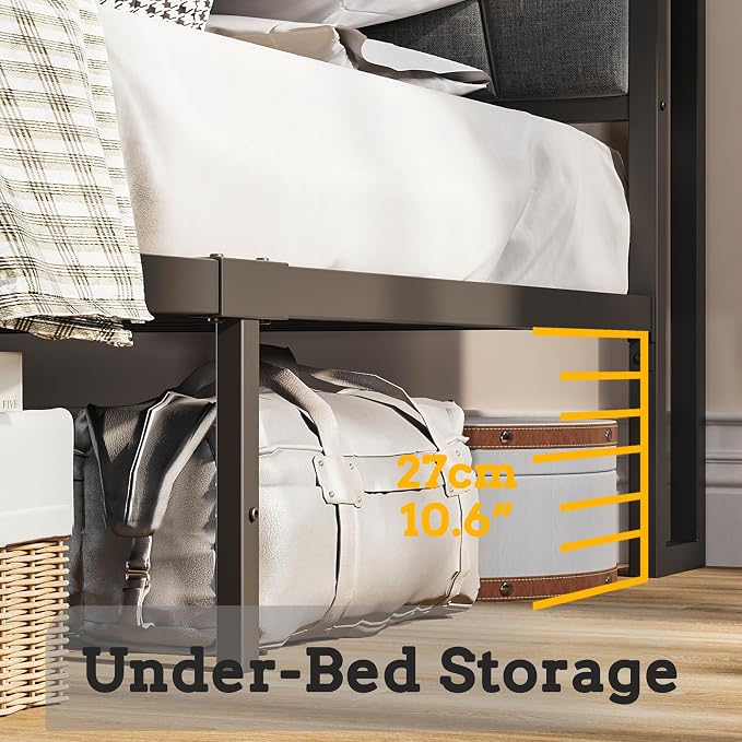 LIKIMIO Queen Size Bed Frame with 2 Drawers and Charging Station | Platform Bed with Upholstered Storage Headboard, No Box Spring Needed, Easy Assembly, Sturdy, Vintage Brown and Gray