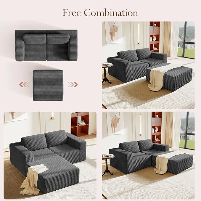 Vesgantti 80" Modular Sectional Sofa, Corduroy Cloud Couch with Deep Seats & Spring Support, Compact 2 Seater Boneless Couch, L-Shaped Modular Sofa for Small Spaces, Apartments, No Assembly, Grey