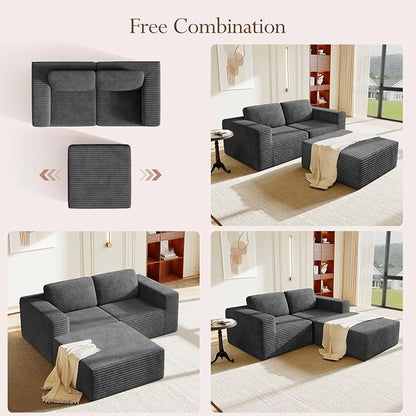 Vesgantti 80" Modular Sectional Sofa, Corduroy Cloud Couch with Deep Seats & Spring Support, Compact 2 Seater Boneless Couch, L-Shaped Modular Sofa for Small Spaces, Apartments, No Assembly, Grey