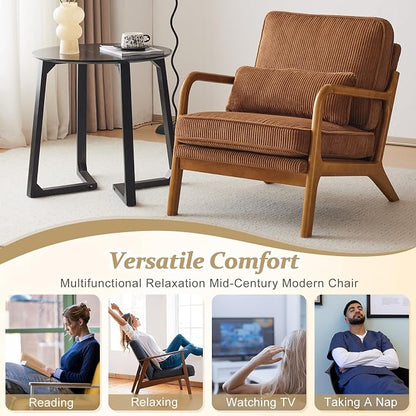 VINGLI Upgraded Premium Corduroy Accent Chair,Upholstered Arm Chair,Solid Wood Comfy Reading Chair with Pillow, Mid Century Modern Chairs for Living Room,Bedroom,Brown
