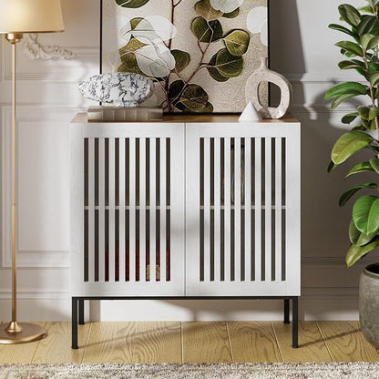 BVIUNTWO 31.5" Farmhouse Buffet Cabinet with Metal Base, Adjustable Shelf & 2 Doors, Antique White Storage Sideboard for Kitchen, Dining & Living Room