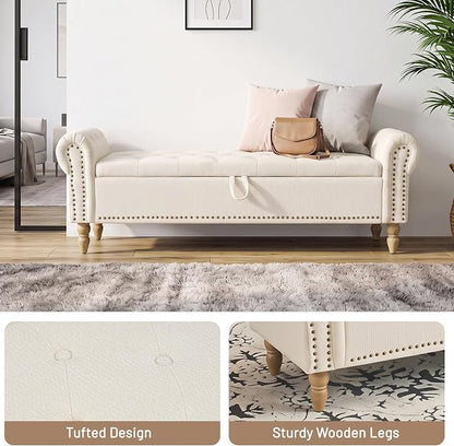 Furniliving 63” End of Bed Storage Bench, Bedroom Bench with Button-Tufted, Upholstered Storage Ottoman Benches Window Bench with Storage, Chenille Bench for Living Room, Entryway, Beige