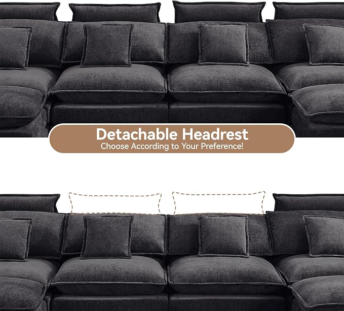 134'' Cloud Modern 4 Seater Couch with Detachable Headrest, Modular Sectional Sofa with 2 Ottoman, Oversized U Shape Chenille Comfy Sofa with Armrests for Living Room, Dark Grey