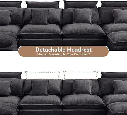 134'' Cloud Modern 4 Seater Couch with Detachable Headrest, Modular Sectional Sofa with 2 Ottoman, Oversized U Shape Chenille Comfy Sofa with Armrests for Living Room, Dark Grey