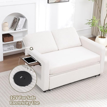 3 in 1 Folding Convertible Sleeper Sofa Bed Pull Out Couch with Side Pockets USB Port Side Table Loveseat Sofa Bed with Adjustable Backrest for Living Room Bedroom 66" Beige 2 SEAT