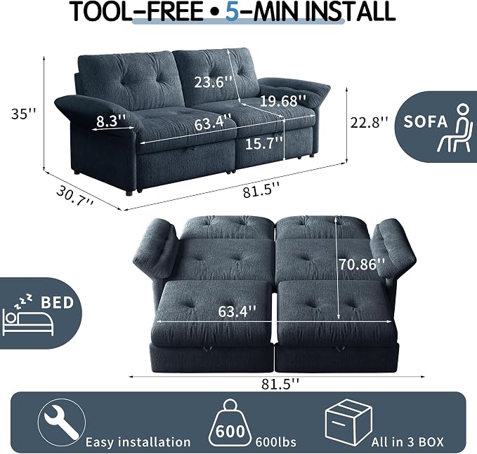 81.5" Pull Out Sofa Bed Full Size, Pre-Assembled Chenille Sleeper Sofa, Convertible Loveseat Futon Couch with Tufted, Pillows, for Apartment, Living Room, Small Spaces, dorms, Blue