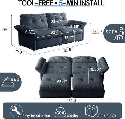 81.5'' Full Sleeper Sofa, Pre-Assembled, Chenille Pull Out Couches Bed, 3-in-1 Convertible Sofa, Adjustable Backrest, Small Loveseat for Small Space, Living Room, Apartment, Chenille Blue